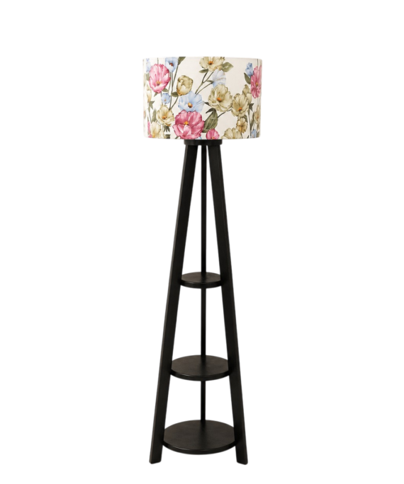 Black Floral Corner Floor Lamp with Shelves