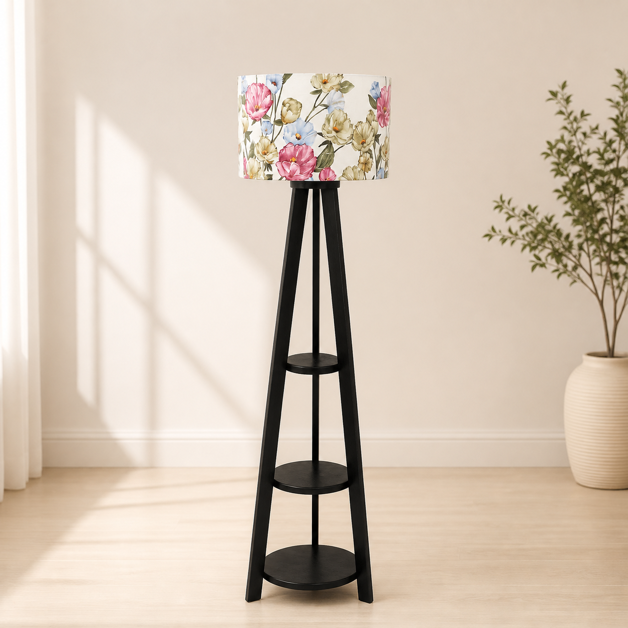 Black Floral Corner Floor Lamp with Shelves - Image 2