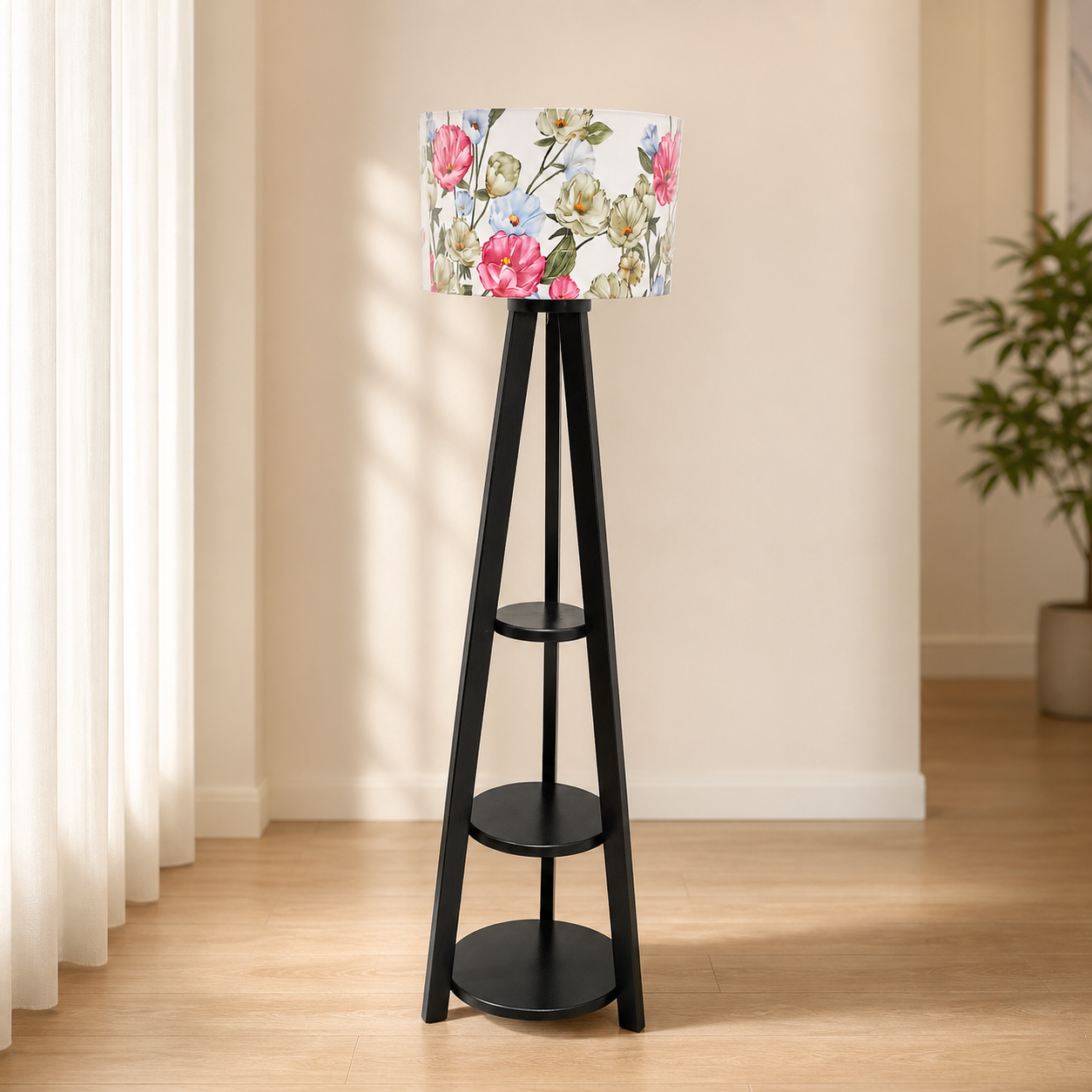 Black Floral Corner Floor Lamp with Shelves - Image 3